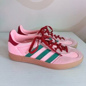 Adidas Pink Sneakers with Green Stripes